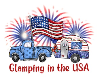 Glamping en los EE. UU. PNG, Diseño patriótico, Diseño de sublimación, American Camper, Bandera estadounidense, Vintage Truck and Camper, Descarga digital
