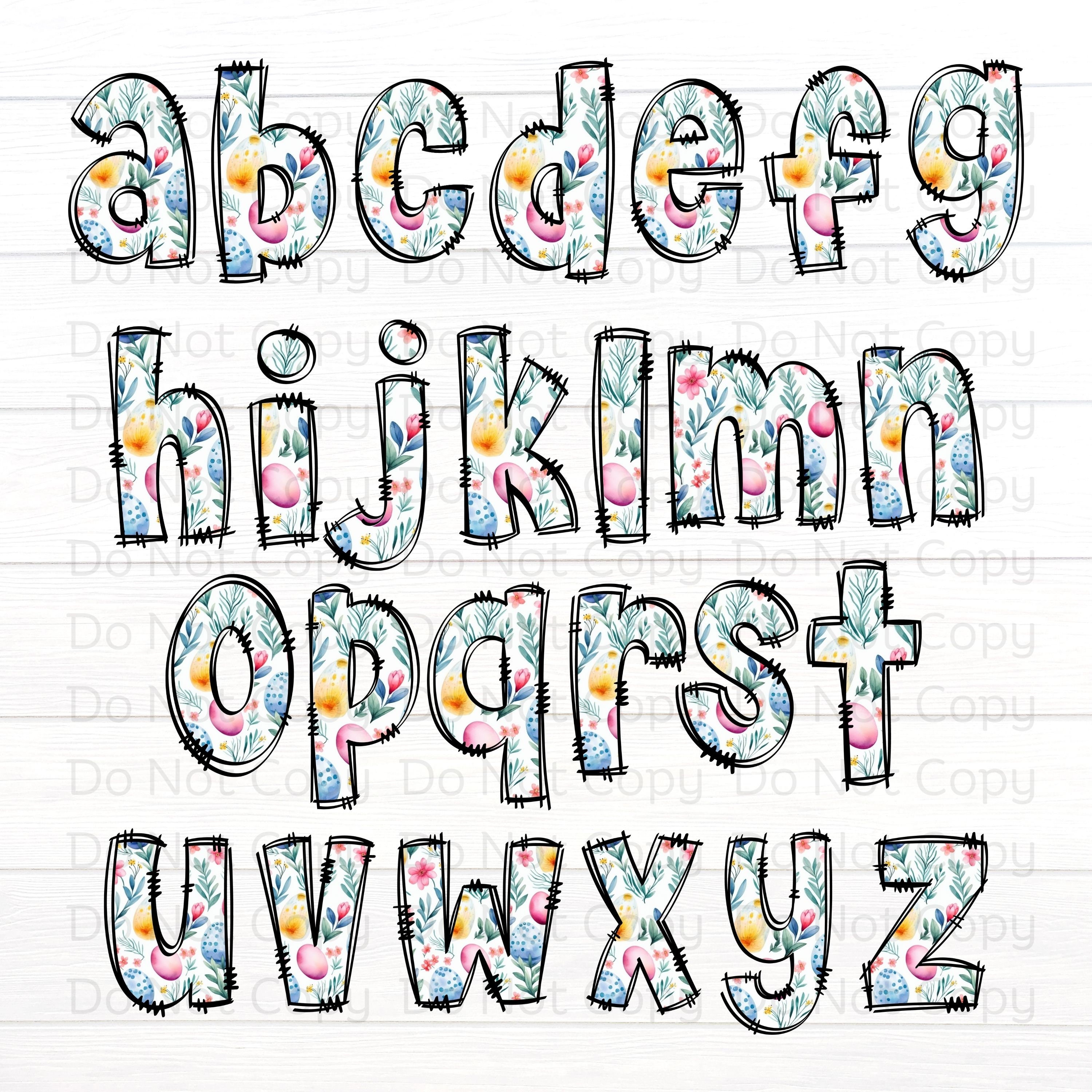 Easter Doodle Letters, Floral Easter Alpha Set, Alphabet PNG Set ...