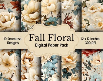 Fall Floral Digital Paper Bundle, 10 Seamless Patterns, Autumn Flowers, Junk Journal Paper, Printable Digital Paper, Autumn Scrapbook Paper