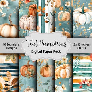 May include: Teal and orange pumpkin digital paper pack with 10 seamless designs. Each design is 12 x 12 inches and 300 DPI.
