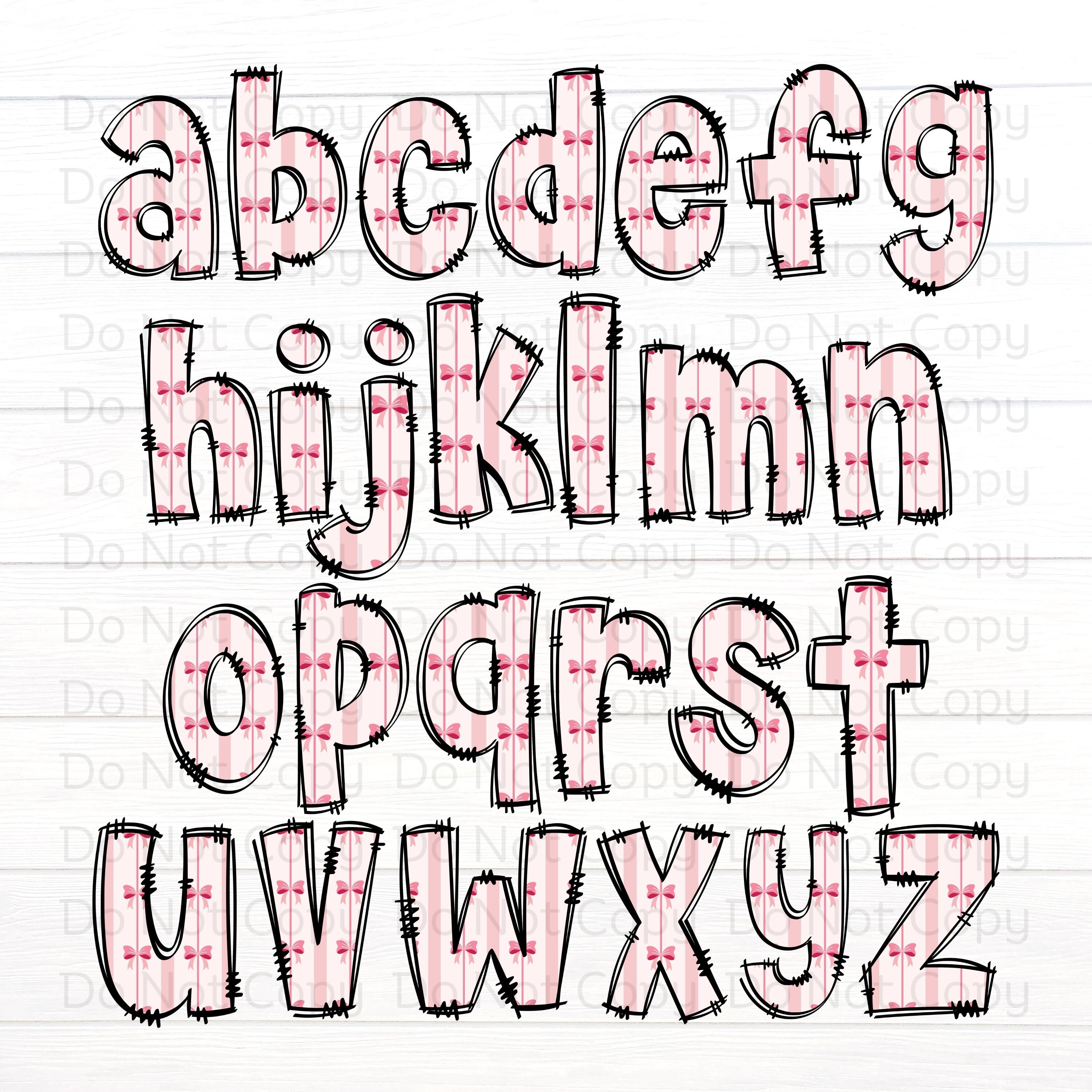 Coquette Doodle Letters, Pink Bows Alpha Set, Girlie Alphabet PNG Set ...
