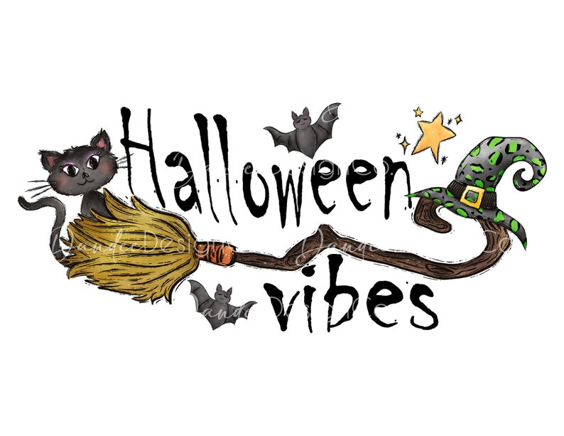 May include: A black cat riding a broomstick with a witch's hat and bats flying around. The text "Halloween vibes" is written on the broomstick.