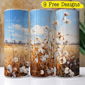 Cotton 20oz Tumbler Design, Cotton Plants Sublimation Design, Skinny Straight Tumbler PNG, Cotton Field PNG, Cotton Farmer Tumbler Wrap