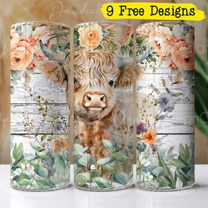 Baby Highland Cow 20oz Tumbler Design, Skinny Straight Tumbler PNG, Baby Highland Calf PNG, Sublimation Design, Floral Cow Tumbler Wrap