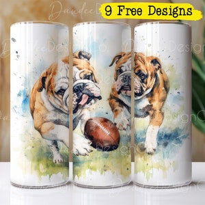 English Bulldog Playing Football 20oz Tumbler Design, Skinny Straight Tumbler PNG, English Bulldog, Sublimation Design, American Football