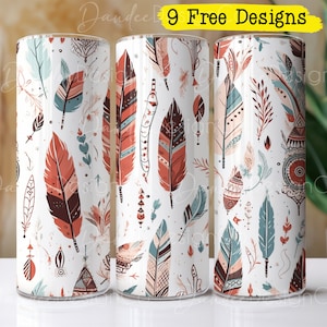 Boho 20oz Tumbler Design, Boho Feathers Tumbler Sublimation Design, Skinny, Straight Tumbler PNG, Trendy Boho Tumbler Wrap, Boho Floral PNG