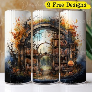 Books 20 oz Tumbler Design, Magical Bookshelf Tumbler Sublimation Design, Skinny, Straight Tumbler PNG, Vintage Books Tumbler PNG