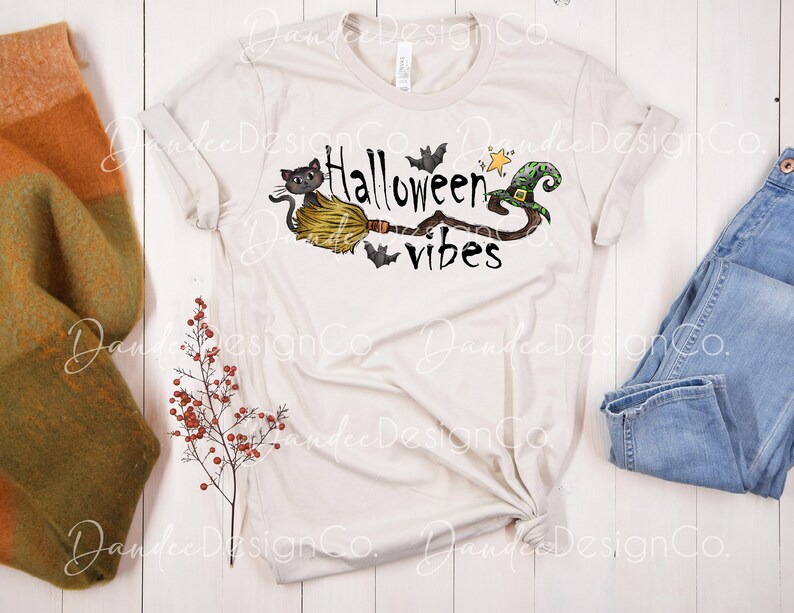 Halloween Vibes PNG, Halloween Sublimation Design, Halloween PNG, Witch Broom Halloween Design, Witch Hat, Black Cat PNG, Digital Download image 3
