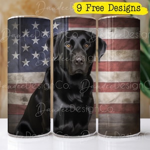 May include: Three stainless steel tumblers with a black Labrador Retriever sitting in front of an American flag background. The tumblers are all the same size and have a white background.