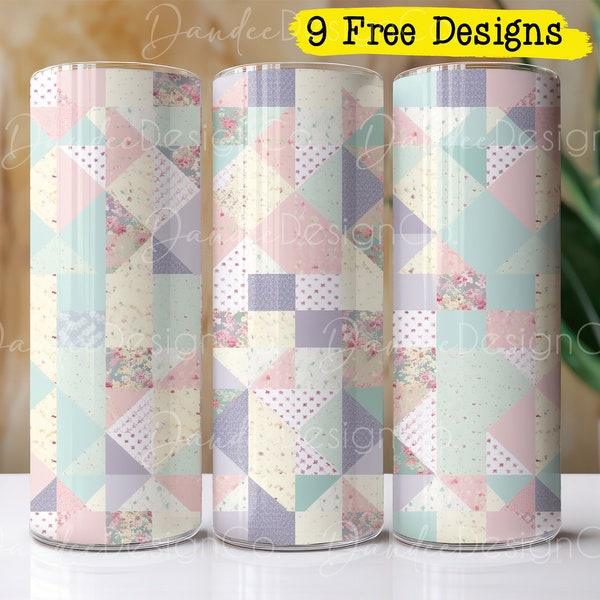 Patchwork Quilt 20oz Tumbler Design, Skinny Straight Tumbler PNG, Vintage Quilt PNG, Sublimation Design, Pastel Quilt Tumbler Wrap