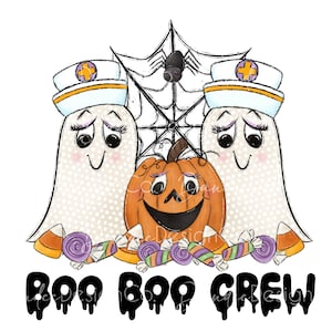 May include: Two white ghosts wearing nurse hats and a smiling orange pumpkin with candy corn and wrapped sweets in front of a black spider web. The text "BOO BOO CREW" is below the image.