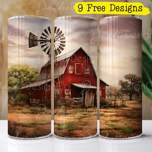 Red Barn 20 oz Tumbler Design, Farm Tumbler Sublimation Design, Skinny, Straight Tumbler PNG, Farm Scene Tumbler PNG, Barn and Windmill PNG