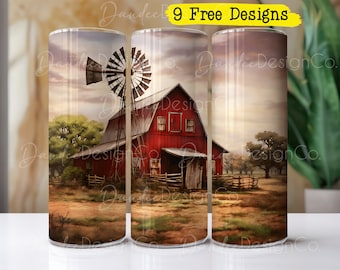 Red Barn 20 oz Tumbler Design, Farm Tumbler Sublimation Design, Skinny, Straight Tumbler PNG, Farm Scene Tumbler PNG, Barn and Windmill PNG