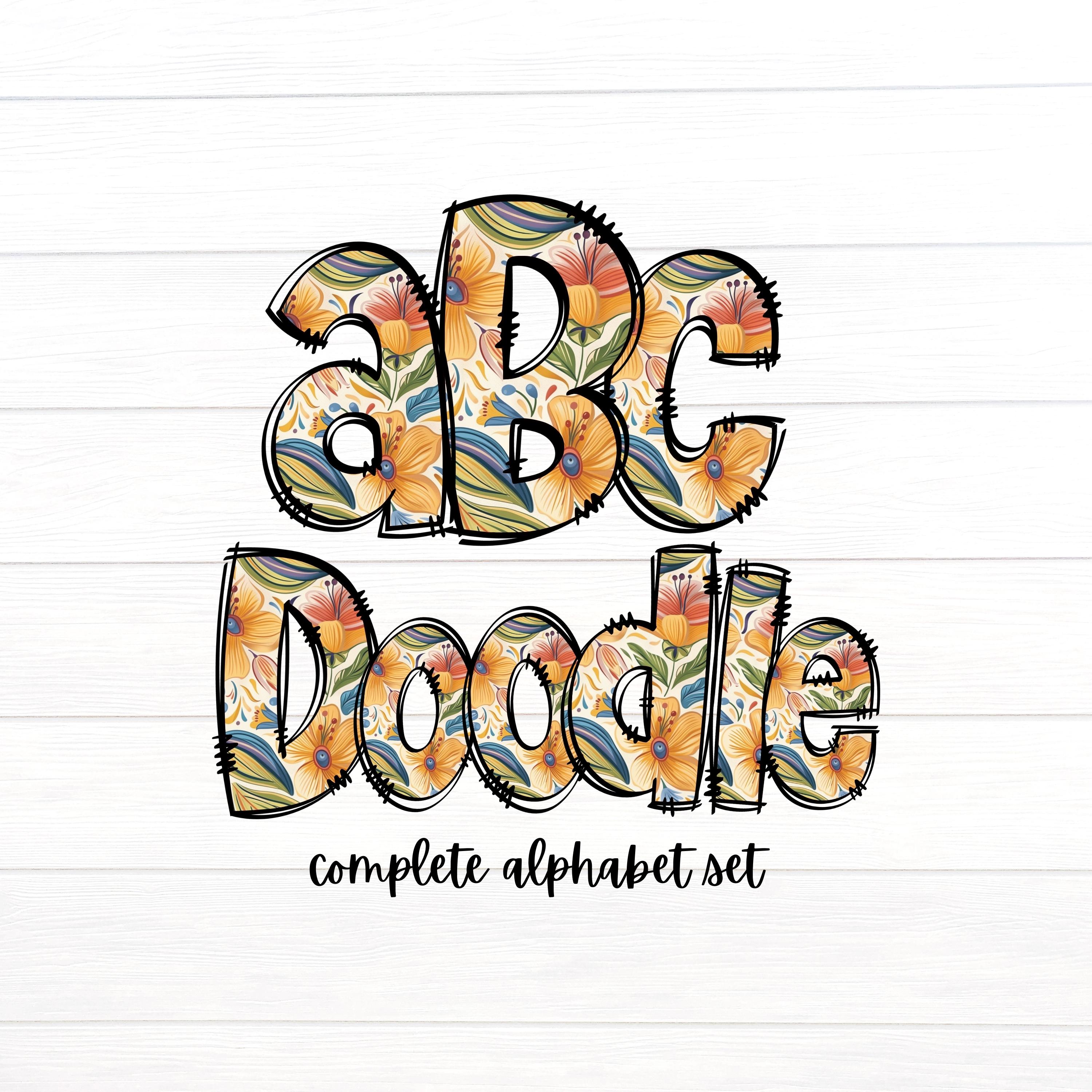 Floral Doodle Letters, Retro Flowers Alpha Set, Alphabet PNG Set ...
