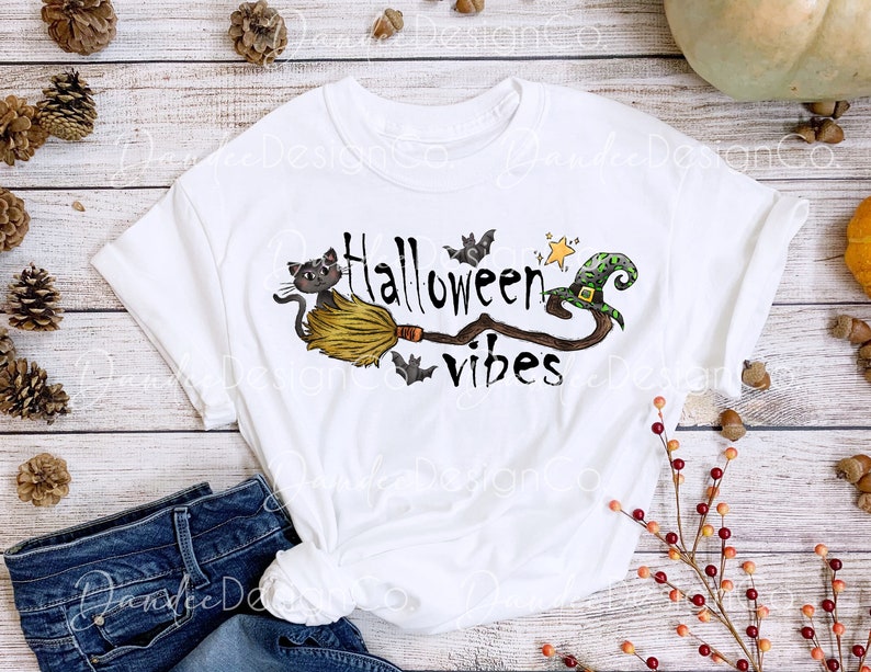 Halloween Vibes PNG, Halloween Sublimation Design, Halloween PNG, Witch Broom Halloween Design, Witch Hat, Black Cat PNG, Digital Download image 4