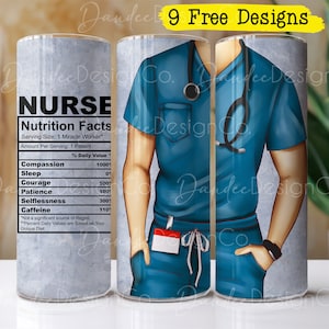 Male Nurse 20 oz Tumbler Design, Nurse Tumbler Sublimation Design, Skinny, Straight Tumbler PNG, Blue Scrubs, Nurse Nutrition Facts