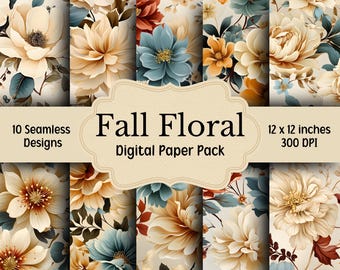 Fall Floral Digital Paper Bundle, 10 Seamless Patterns, Autumn Flowers, Junk Journal Paper, Printable Digital Paper, Autumn Scrapbook Paper