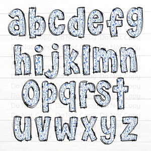 May include: A set of alphabet letters with a blue floral pattern. The letters are outlined in black and have a slightly distressed look.