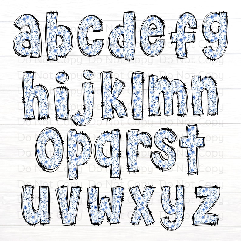 May include: A set of alphabet letters with a blue floral pattern. The letters are outlined in black and have a slightly distressed look.