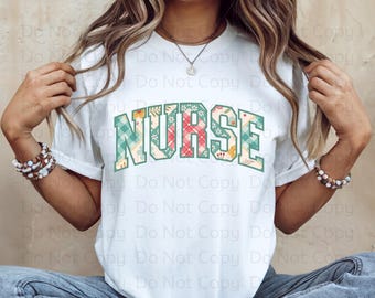 Floral Patchwork Nurse PNG, Varsity Font Nurse Shirt Design Png, RN LPN, Registered Nurse, Trendy Nurse Sublimation Design, Dtg Design, D018