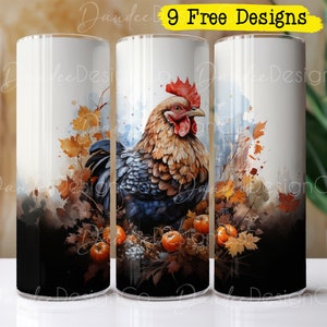 Autumn Chicken 20oz Tumbler Design, Skinny Straight Tumbler PNG, Floral Hen Tumbler PNG, Sublimation Design, Chicken Lover Tumbler Wrap