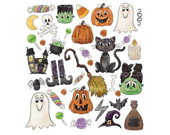 Halloween Doodles PNG, Halloween Doodles Sublimation Design,  Halloween Design, Pumpkins, Ghosts, Candy, Witch Hat, Skull, Bat, Black Cat