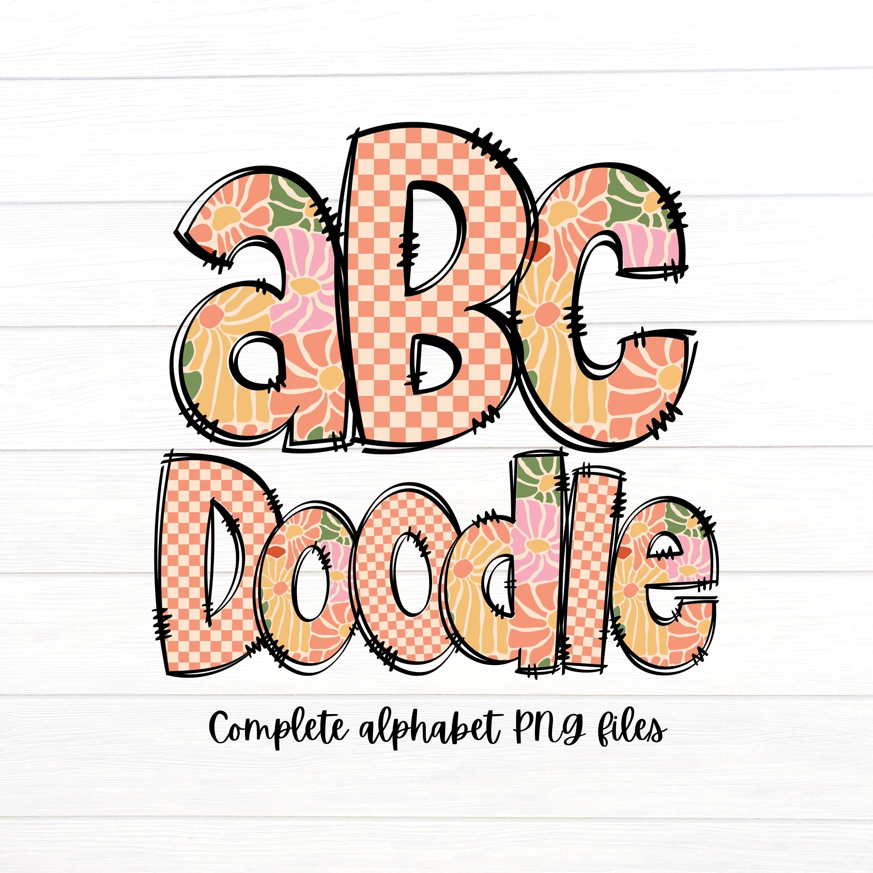 Retro Floral Doodle Letters, Retro Alpha Set, 2 Alphabet PNG Sets ...