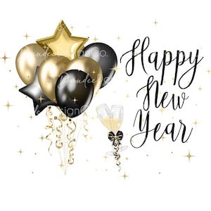 Bonne année PNG, Happy New Year Sublimation Design, Ballons noir et or, Coupes à champagne, Célébration du Nouvel An, Téléchargement numérique