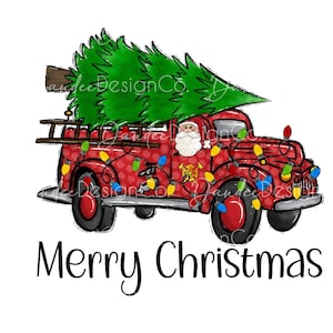 Camion dei pompieri di Natale PNG, Design di sublimazione del camion dei pompieri di Natale, Camion dei pompieri con albero di Natale, PNG di Natale, Download digitale