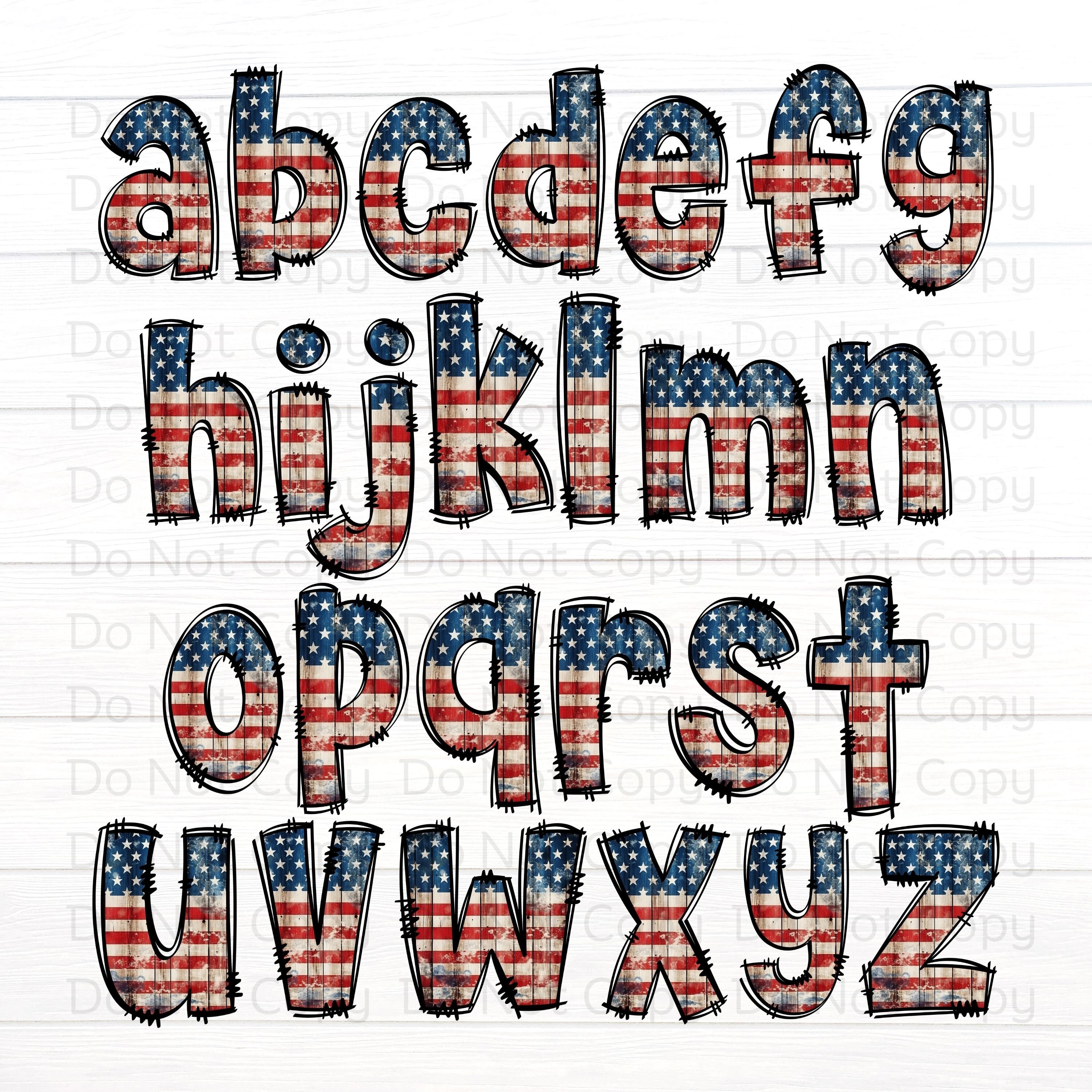 Rustic Flag Doodle Letters PNG Bundle, Patriotic USA Flag Doodle ...