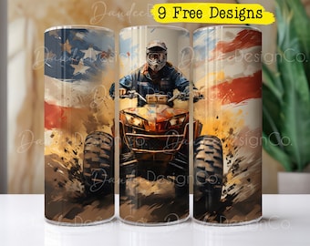 May include: Three sublimation tumbler designs featuring a person riding an ATV through a field with an American flag background. The text "9 Free Designs" is at the top of the image.
