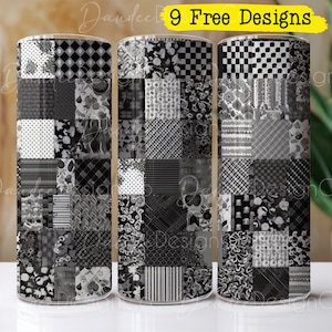 Op de afbeelding: Drie bekers met zwart-witte patronen. Elke beker heeft een ander patchwork-ontwerp met verschillende geometrische vormen en patronen.