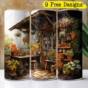 May include: A set of three sublimation tumbler designs featuring a rustic cottage with a porch and a variety of potted plants. The designs are perfect for creating custom tumblers for coffee, tea, or other beverages.