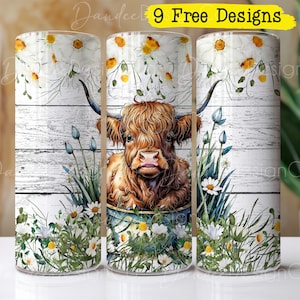 Baby Cow in Bucket 20oz Tumbler Design, Skinny Straight Tumbler PNG, Baby Highland Cow in Tub PNG, Sublimation Design, Floral Cow Design