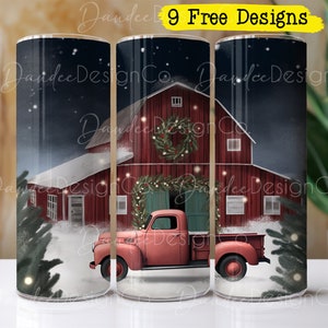 Christmas Barn 20oz Tumbler Design, Skinny Straight Tumbler PNG, Vintage Truck and Barn Tumbler Wrap, Christmas Farm Sublimation Design
