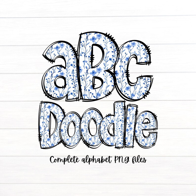May include: Blue and white floral alphabet letters with a black outline. The letters spell out "ABC Doodle" and the text "Complete alphabet PNG files" is below the letters.
