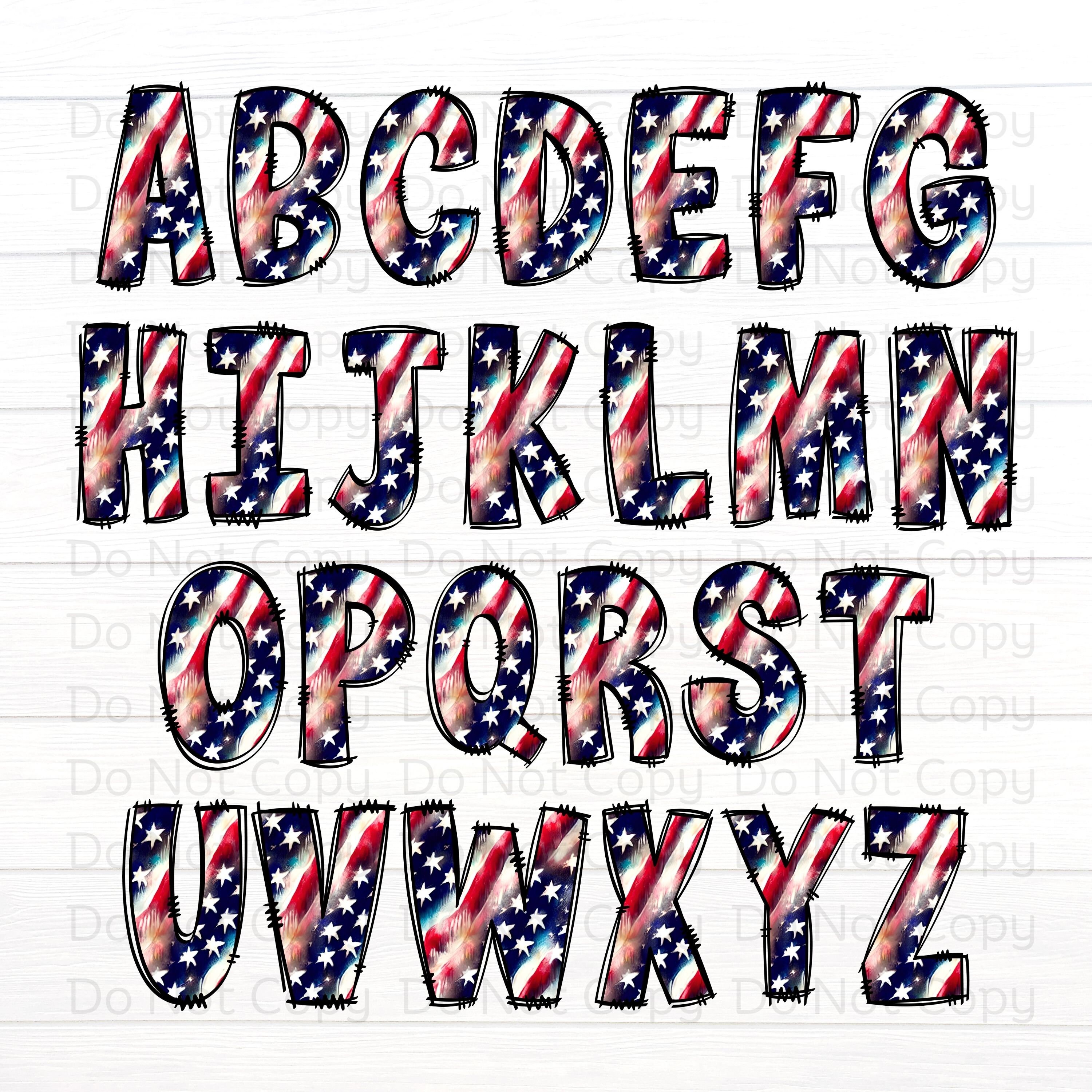 Rustic Flag Doodle Letters PNG Bundle, Patriotic USA Flag Doodle ...