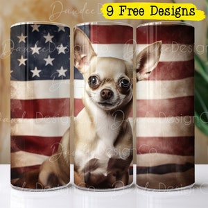 Chihuahua 20oz Tumbler Design, Skinny Straight Tumbler PNG, Chihuahua PNG, Sublimation Design, Grunge USA Flag, Tumbler Wrap, Patriotic Dog