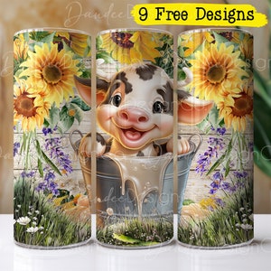 Baby Cow in Bucket 20oz Tumbler Design, Skinny Straight Tumbler PNG, Baby Cow in Tub with Sunflowers PNG, Sublimation Design, , Tumbler Wrap