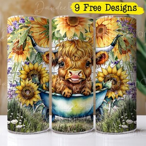 Krowa w taczce 20oz Tumbler Design, chudy prosty Tumbler PNG, krowa Highland PNG, projekt sublimacji, słodkie opakowanie na kubek krowa