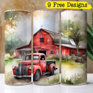 Vintage Truck 20oz Tumbler Design, Skinny Straight Tumbler PNG, Red Truck and Barn Tumbler PNG,  Farm Sublimation Design, Farm Scene PNG