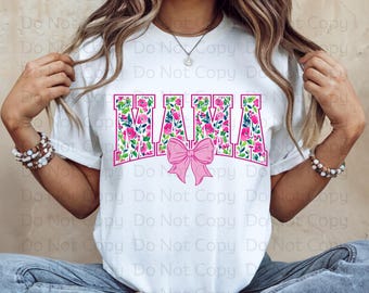 Floral Coquette Mama PNG, Muttertag Png, Preppy Mama Png, Varsity Schriftart MAMA und Bow Png, Sublimationsdesign, DTG Design, D001