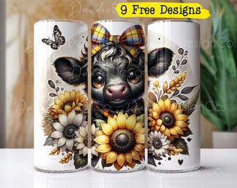 Cute Baby Cow Tumbler Wrap, 20oz Skinny Sublimation Tumbler Design, Black Highland  Cow Sublimation Design Png Floral Tumbler Png Download