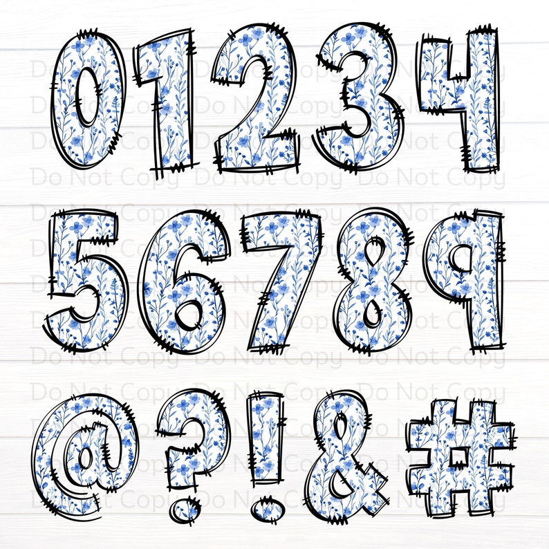 May include: Blue and white floral patterned numbers 0 through 9 and symbols @, ?, !, &, #. The numbers and symbols are outlined in black and have a stitched look.