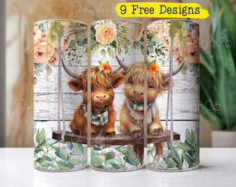 Baby Cows in Swing 20oz Tumbler Design, Skinny Straight Tumbler PNG, Baby Highland Cow Swing PNG, Sublimation Design, Cute Cow Tumbler Wrap