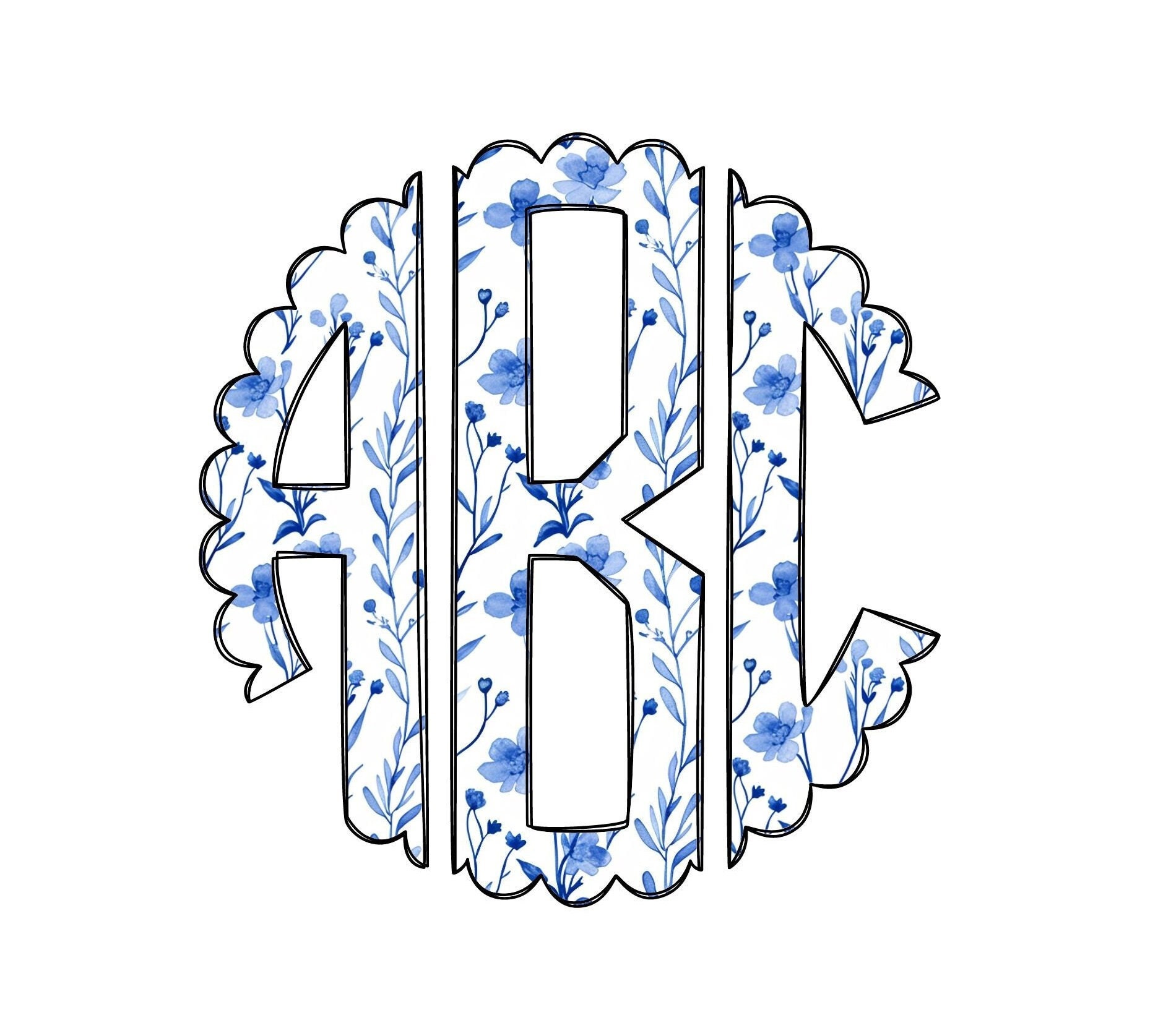 Blue Simple Monogram Blue and White Floral Monogram PNG, Scalloped Circle Monogram Set ...