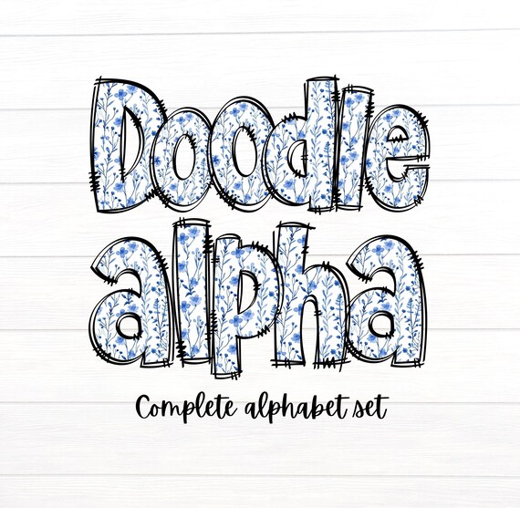Floral Doodle Letters, Blue and White Flowers Alpha Set, Alphabet PNG Set, Sublimation Design,  Spring Alpha Doodle, Alphabet Letters