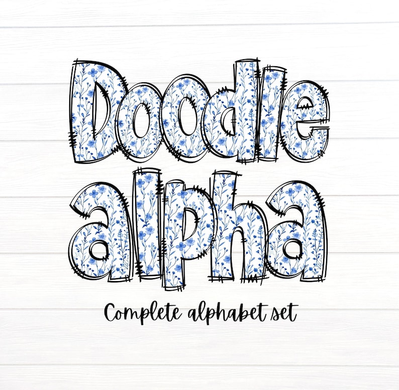 May include: Doodle alphabet set with blue floral pattern on a white background. The word "Doodle alpha" is shown in the image.