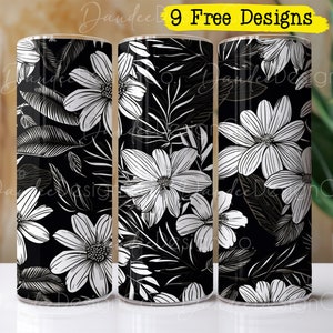 Floral 20oz Tumbler Design, Tumbler Sublimation Design, Skinny, Straight Tumbler PNG, Black and White Flowers Tumbler Wrap, Floral Design