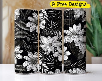 Diseño floral de vaso de 20 oz, diseño de sublimación de vaso, flaco, vaso recto PNG, envoltura de vaso de flores en blanco y negro, diseño floral